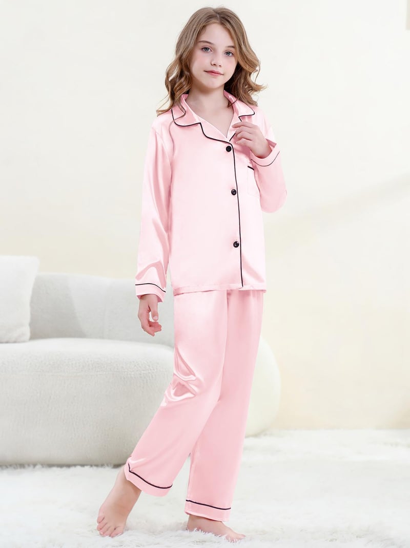 Umeyda Girls Pajamas Set, 2 Piece PJS Set Satin Silk Button Down Sleepwear Loungewear Outfit for Teen Kids Boys Girls, Baby Pink, 9-10 Years = Tag 150 - Image 5